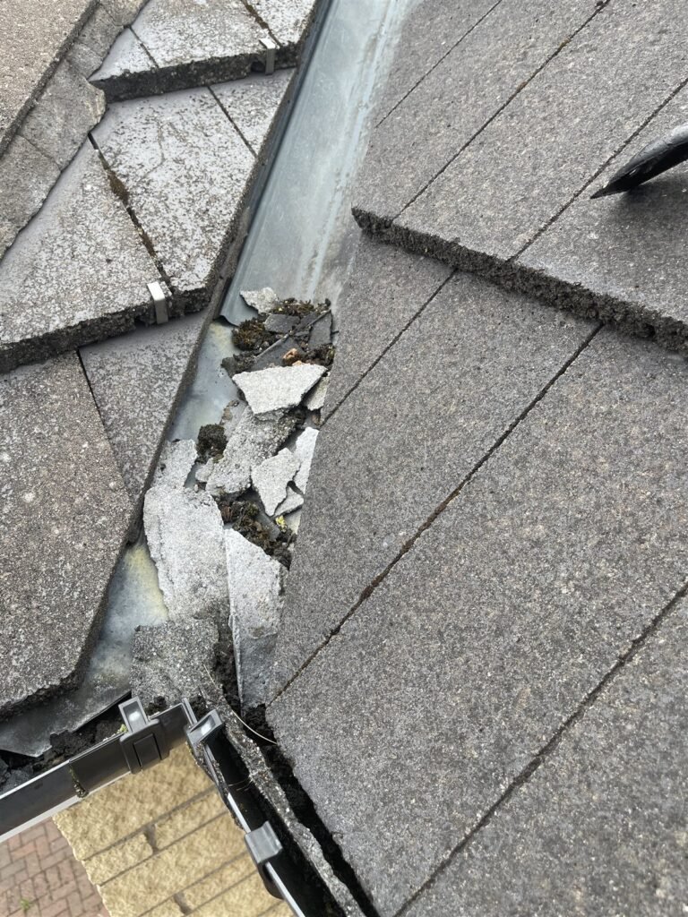 Why North Lanarkshire Roofs Go Green 2 Moss and broken tile debris packed into a roof valley above the gutter on a North Lanarkshire house